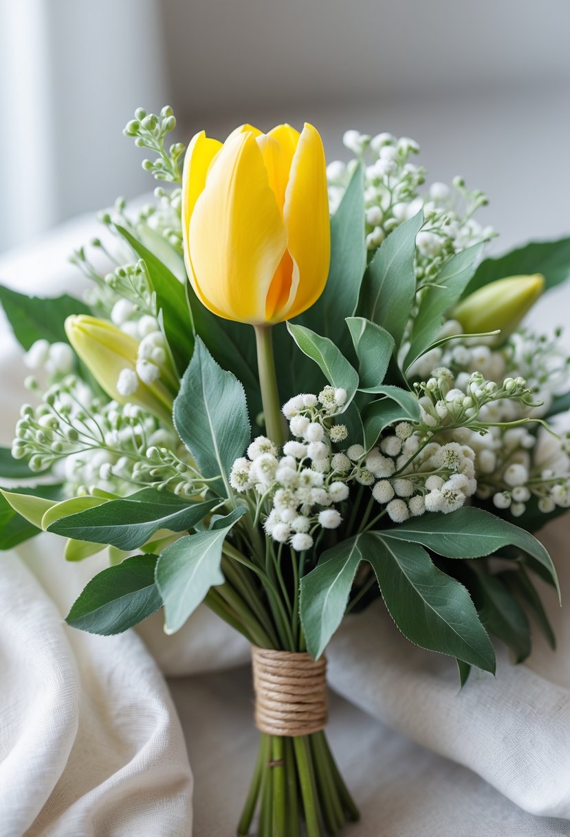 A small wedding bouquet with a bright yellow tulip surrounded by green myrtle leaves and white filler flowers on a light surface.