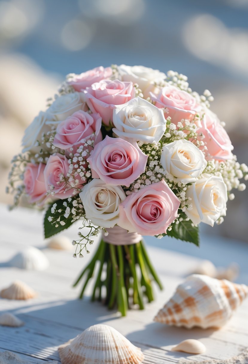 A small bouquet of pink and white mini roses with baby's breath on a wooden surface with seashells.