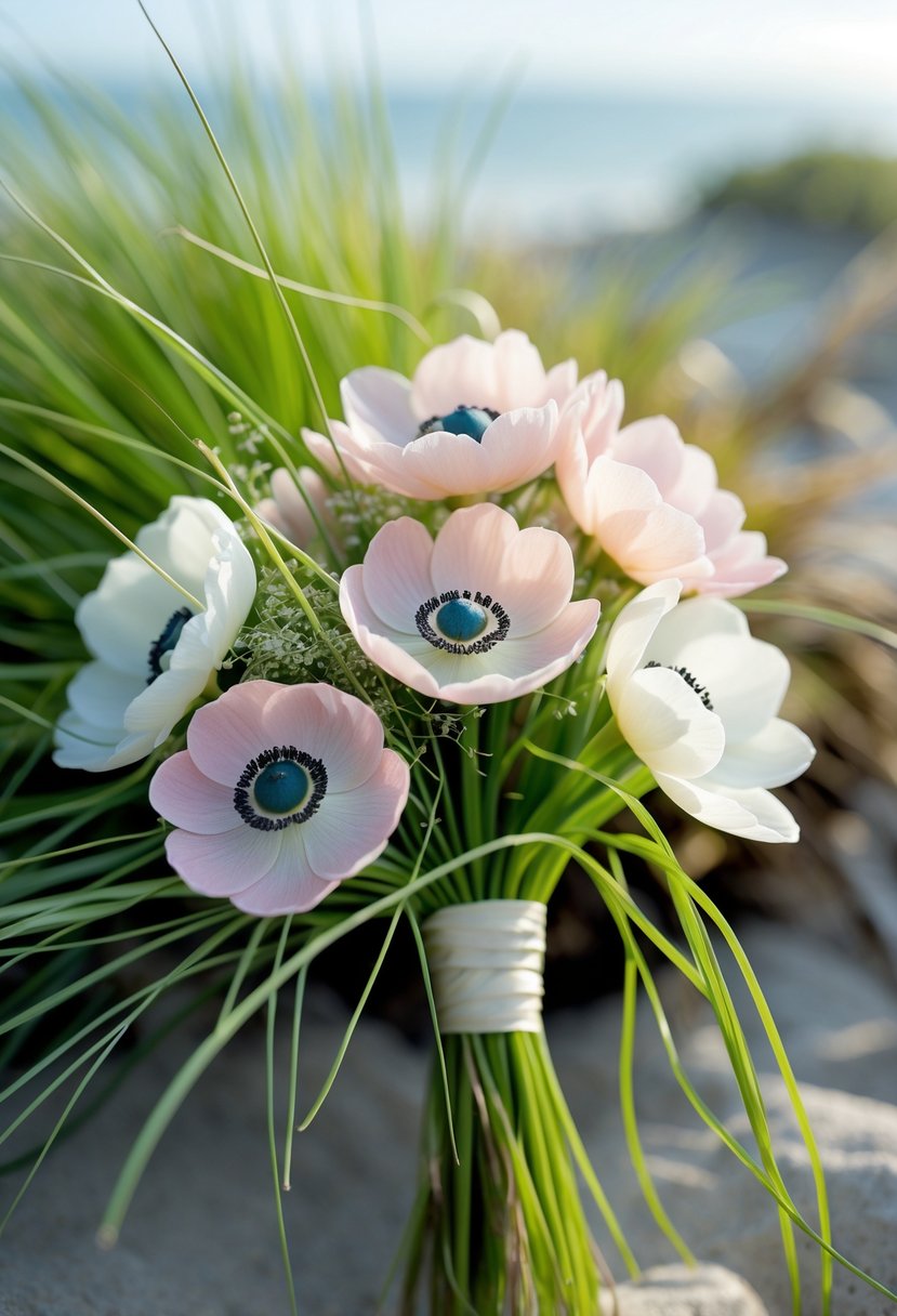 A small wedding bouquet with pale anemone flowers and green sea grass on a blurred natural background.