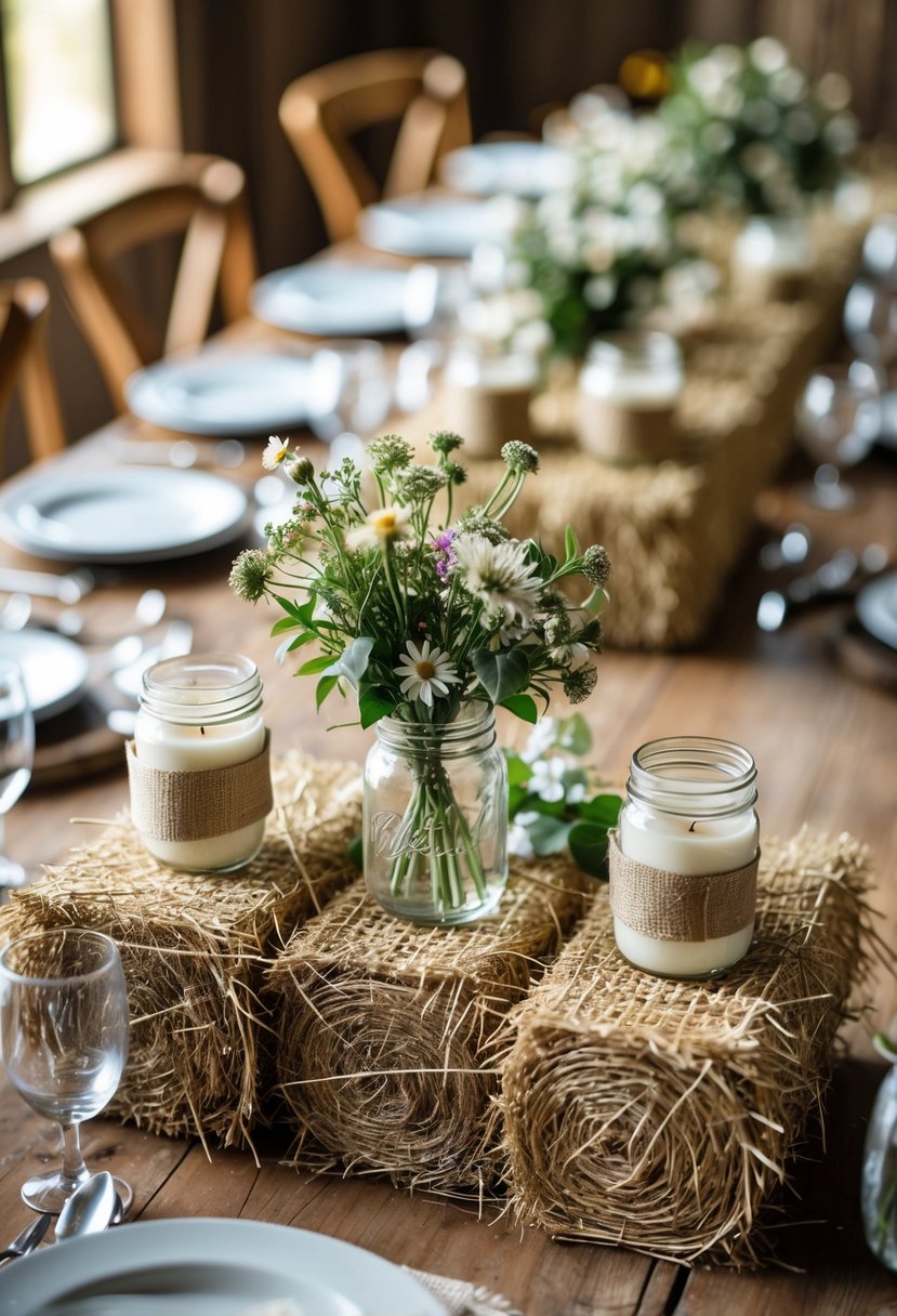 A rustic wedding table with mini hay bales used as risers holding flowers and candles, surrounded by tableware on a wooden surface.