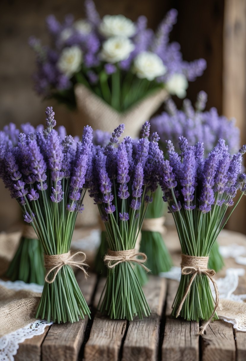 Hand-tied bundles of lavender placed on a rustic wooden table with natural twine and soft lighting.