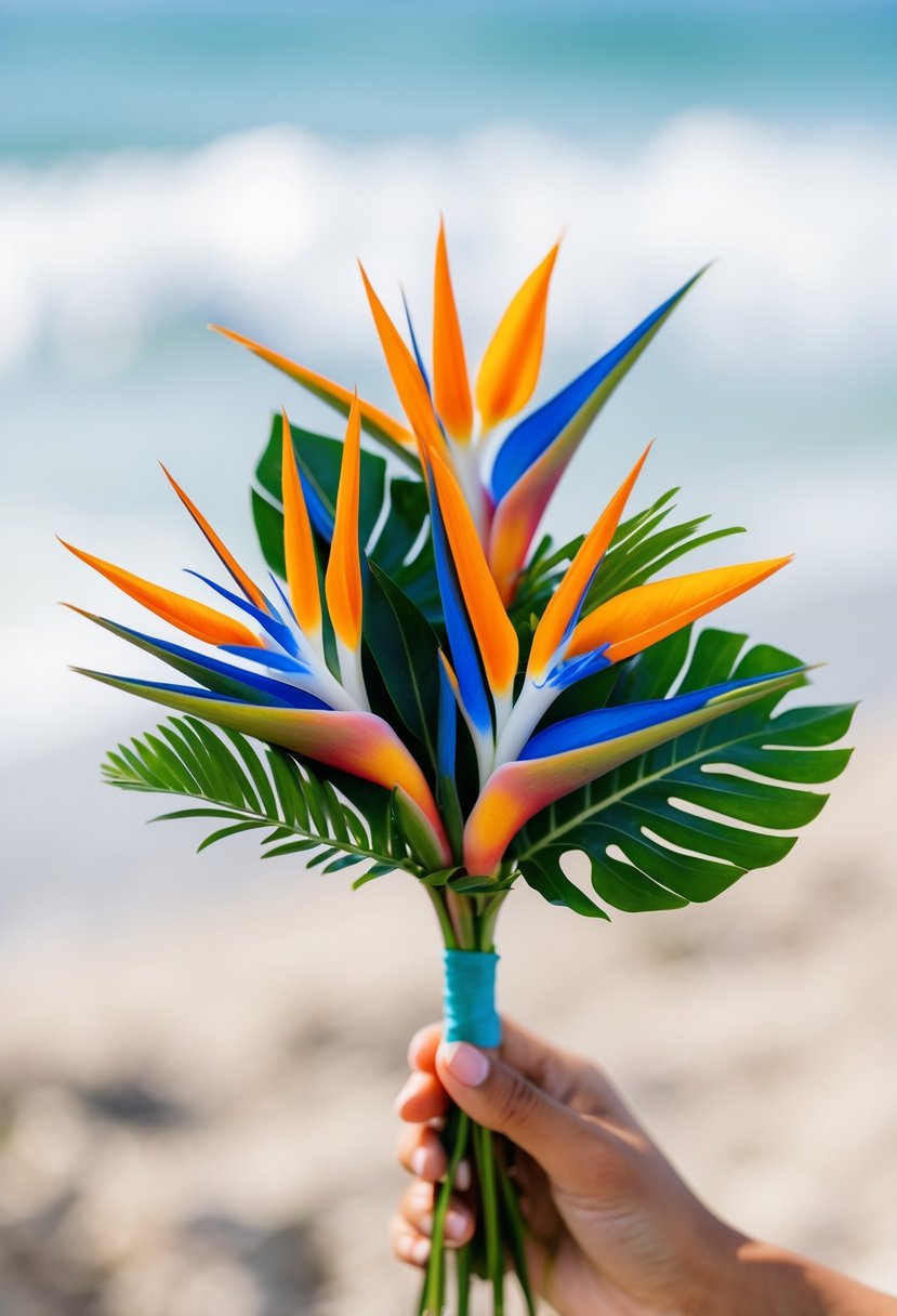A small bouquet of bright orange and blue bird of paradise petals with green leaves, held against a blurred coastal background.