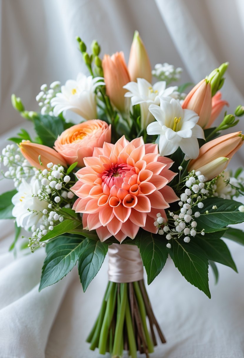 A small wedding bouquet with a coral dahlia and white freesia flowers, accented by green leaves and baby's breath.