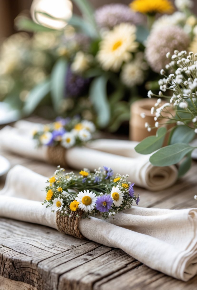 A rustic wooden wedding table with napkins wrapped in wildflower crowns used as napkin rings.