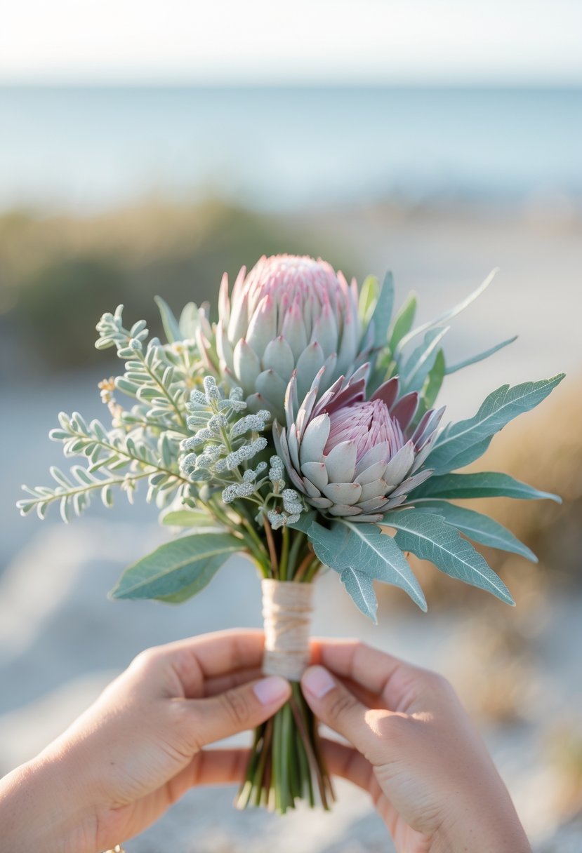 Small wedding bouquet with a pink protea flower and dusty miller leaves against a beach background.