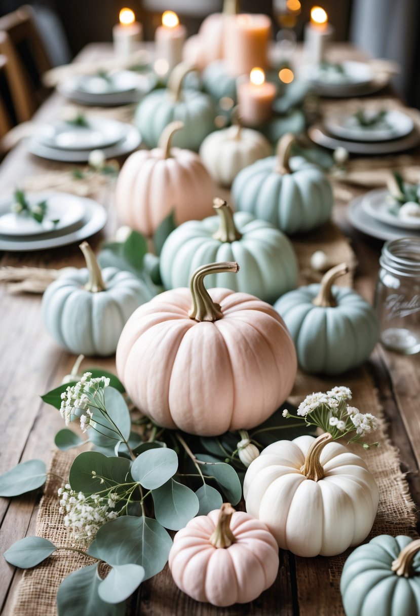 Mini white pumpkins painted in pastel wedding colors arranged on a rustic wooden table with greenery and small flowers.