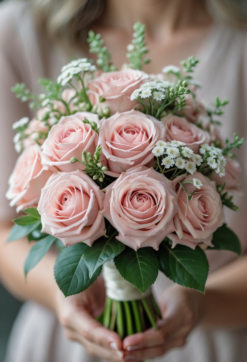 A small wedding bouquet of blush pink spray roses and white waxflowers held against a soft neutral background.