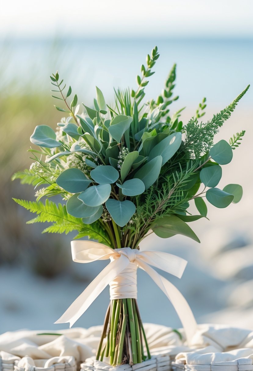 A small hand-held bouquet of mixed green leaves wrapped with a light-colored ribbon, set against a soft coastal background.
