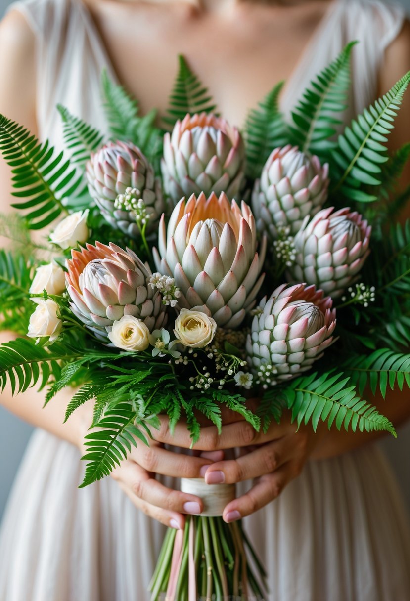 A small wedding bouquet made of pink and cream protea flowers mixed with green ferns held against a neutral background.