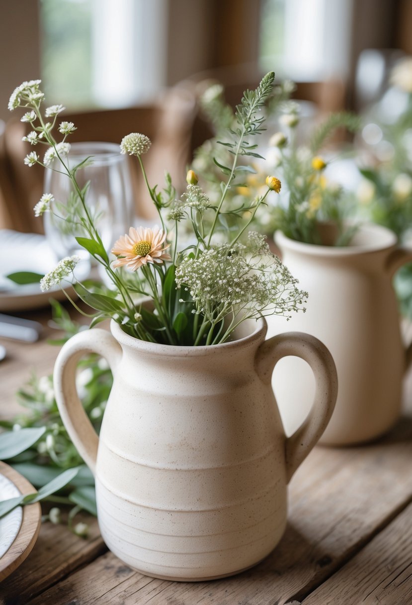 A rustic wedding table with simple ceramic pitchers holding wildflowers arranged as centerpieces.