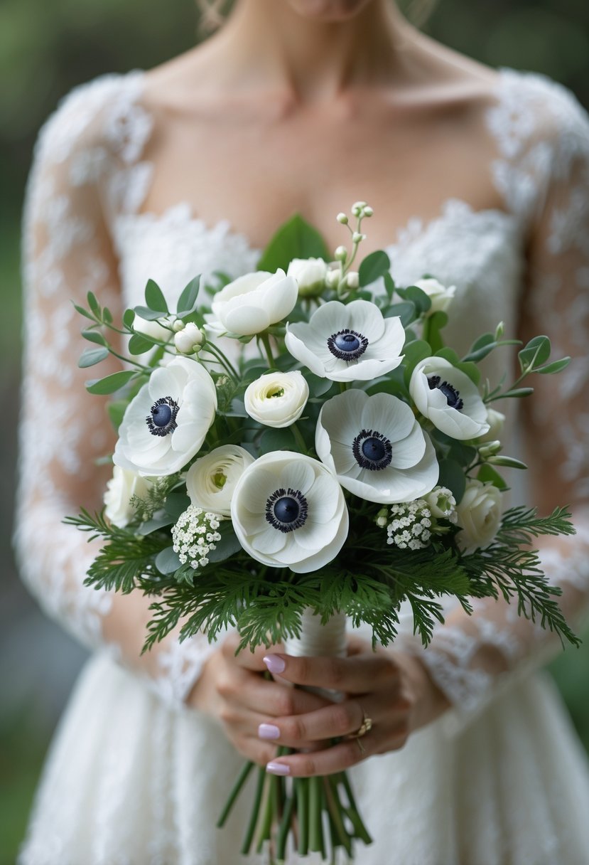 A small wedding bouquet with white anemones and ranunculus flowers held by a person wearing a white dress.