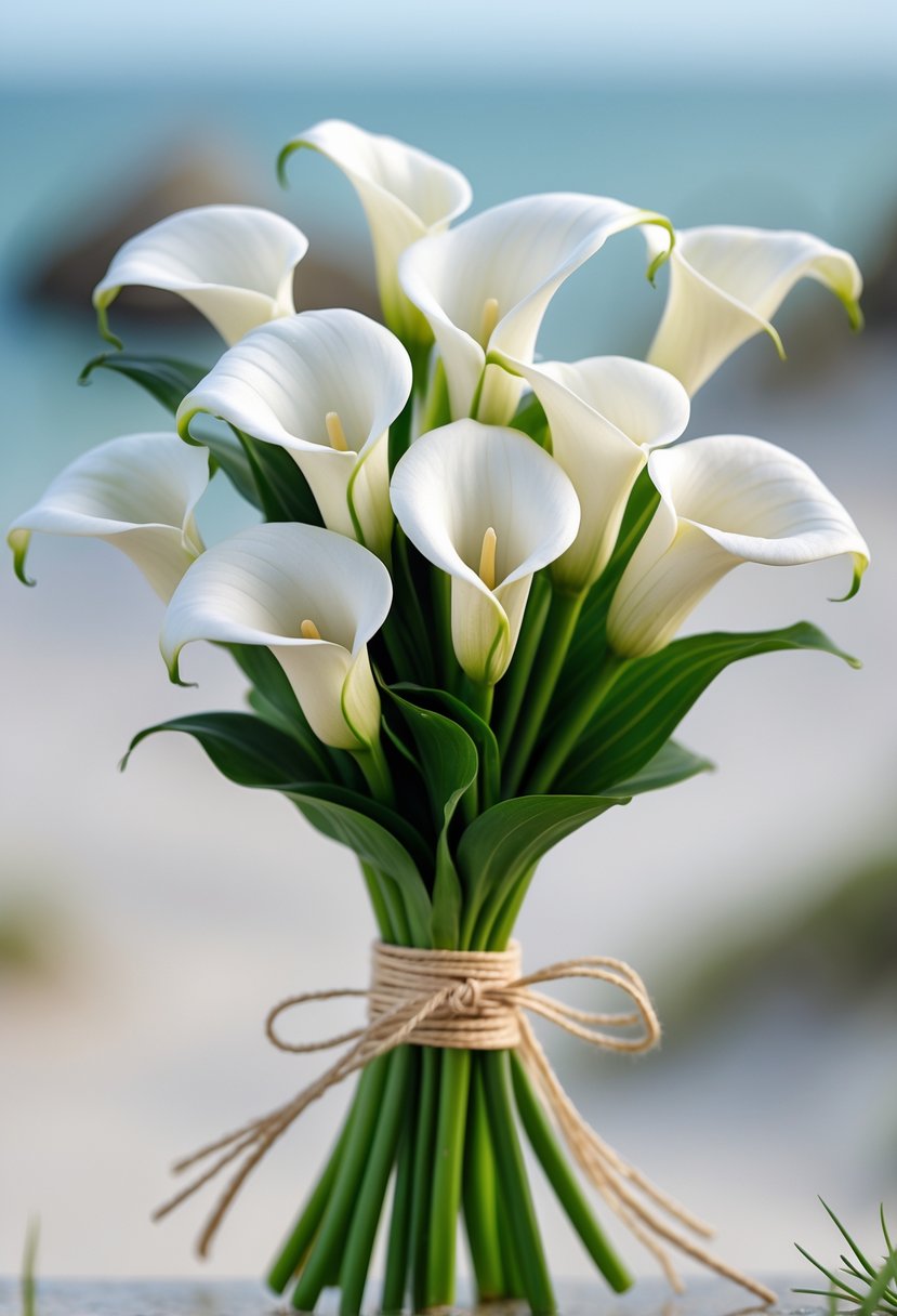 A small bouquet of white calla lilies tied with beige twine against a soft coastal background.