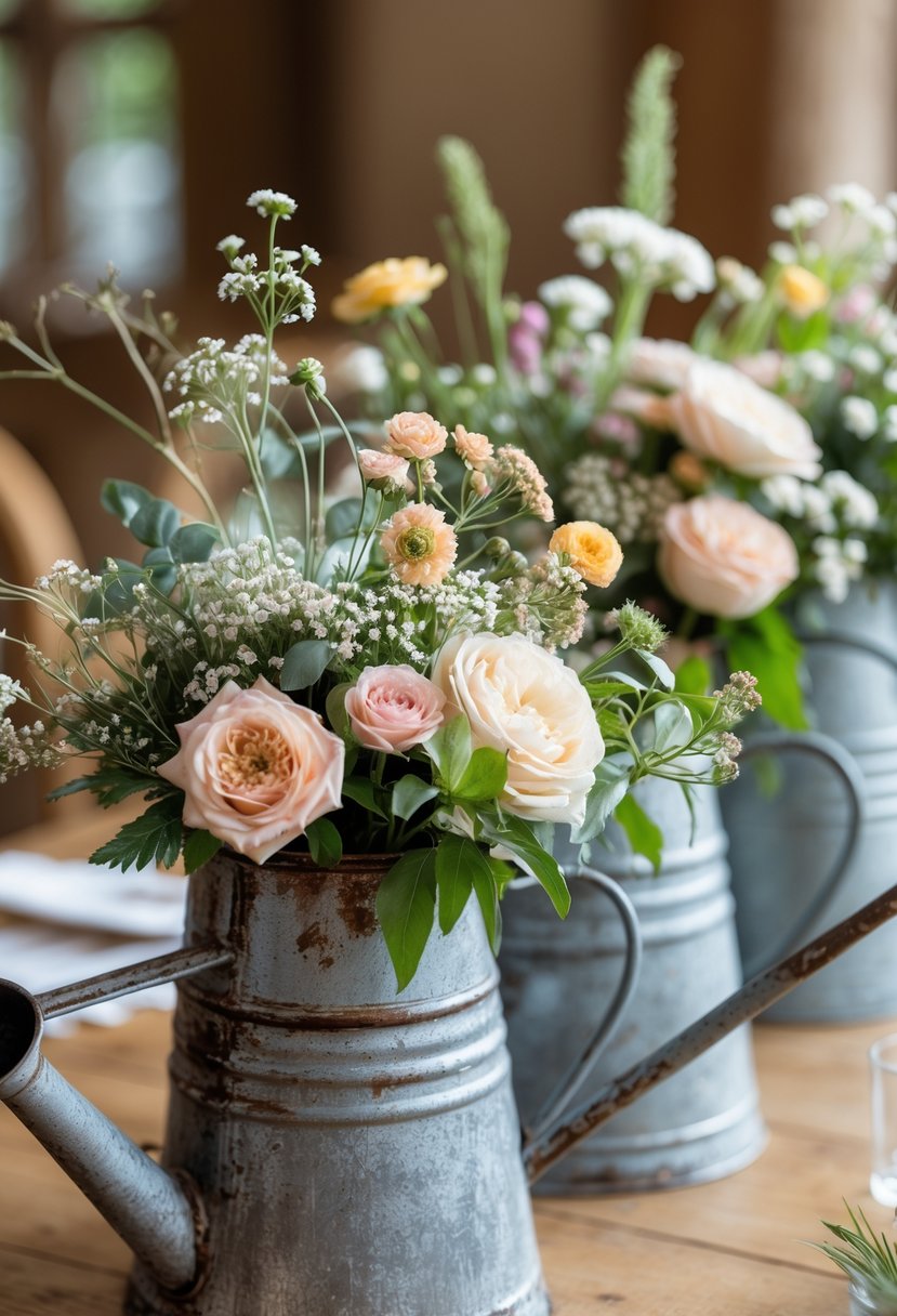 Rustic metal watering cans filled with colorful flowers arranged on a wooden table.