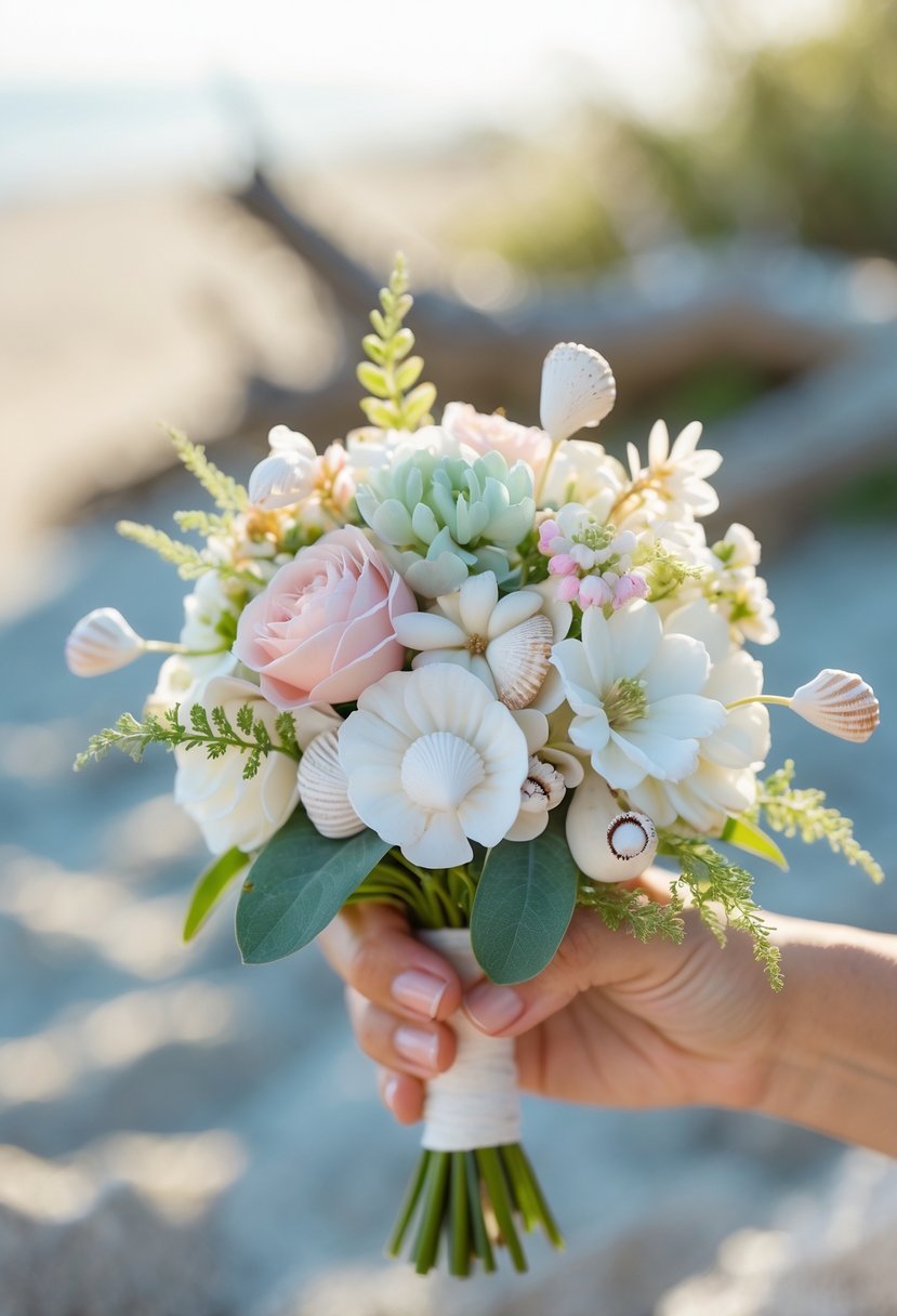 A small wedding bouquet with white and pale pink flowers and seashell charms held against a blurred beach background.