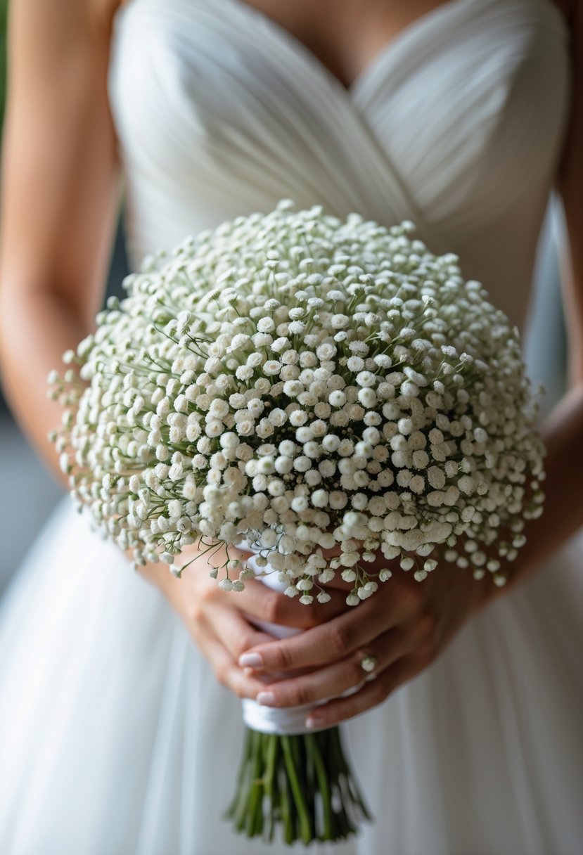 A small dome-shaped bouquet of white baby’s breath flowers held by a bride in a white wedding dress.