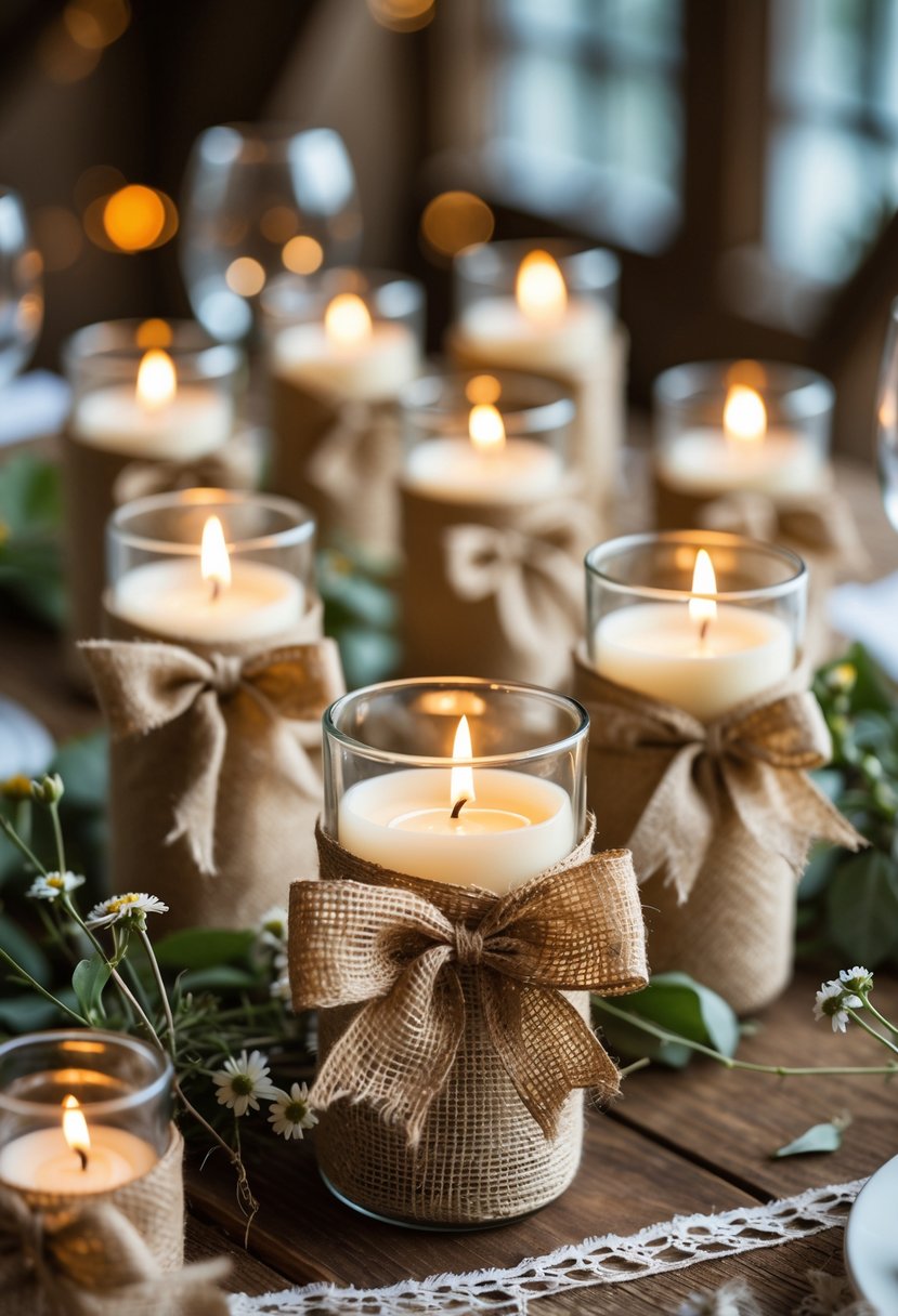 A wooden table with candle holders wrapped in hessian ribbons tied in bows, surrounded by small flowers and greenery.