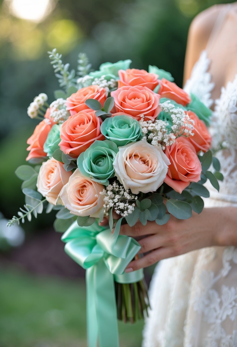 A small wedding bouquet with coral roses and mint green leaves held by a person in a white dress, set against a garden background.