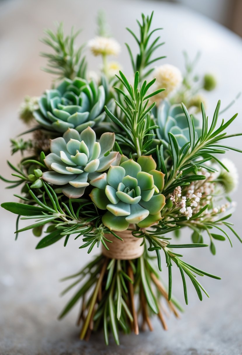 A small wedding bouquet made of succulents and rosemary herbs arranged together.