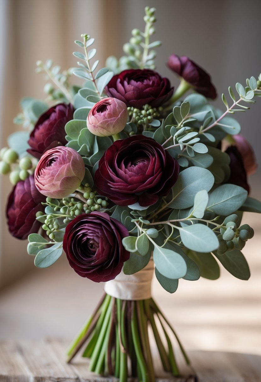 A small wedding bouquet with dark red ranunculus flowers and green seeded eucalyptus leaves.