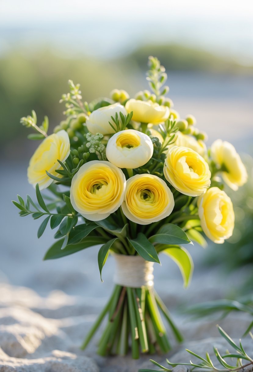 A small wedding bouquet with yellow ranunculus flowers and tiny green leaves.