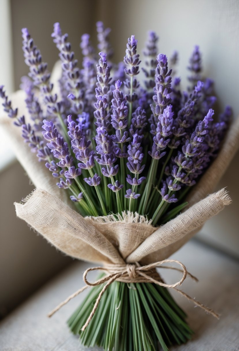A small bundle of fresh lavender wrapped in linen fabric and tied with twine, resting on a neutral surface.