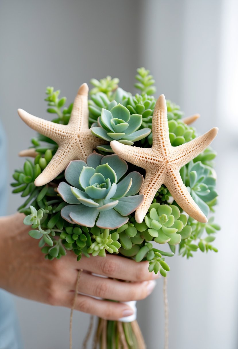A small bouquet made of starfish and green succulents arranged together on a light background.