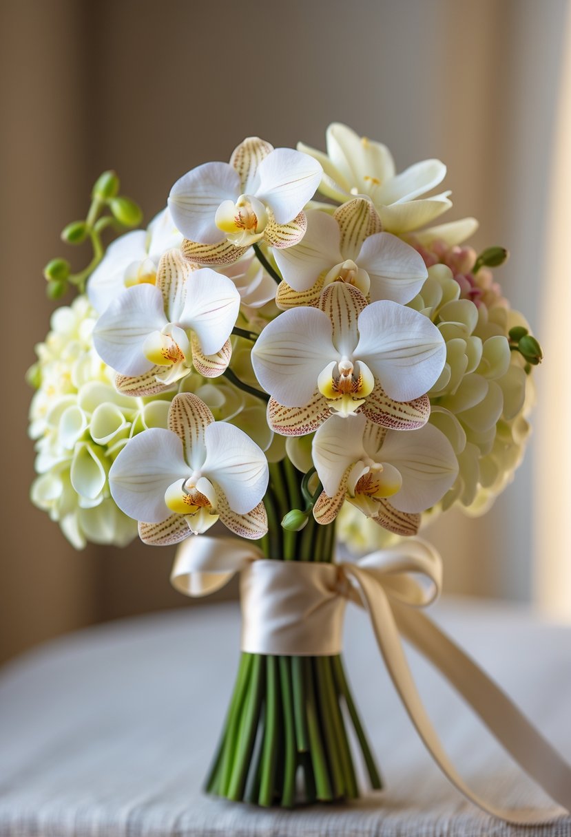 A small bridal bouquet of mini Cymbidium orchids in soft pastel colors wrapped with a satin ribbon.