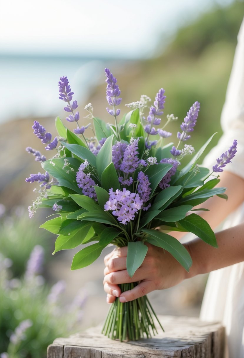 A small wedding bouquet with soft lavender flowers and green leaves arranged together.