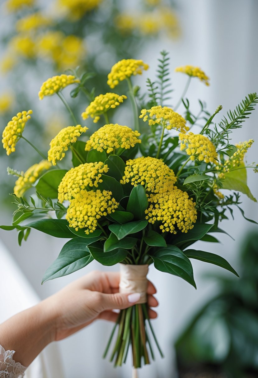 A small wedding bouquet with yellow Solidago flowers and green leaves.