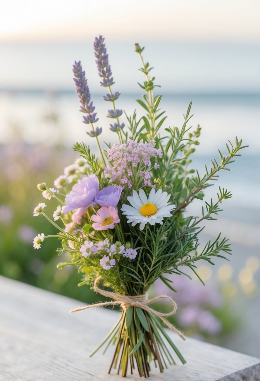 A small bouquet of wildflowers and coastal herbs tied with twine, resting on a wooden surface with the ocean in the background.