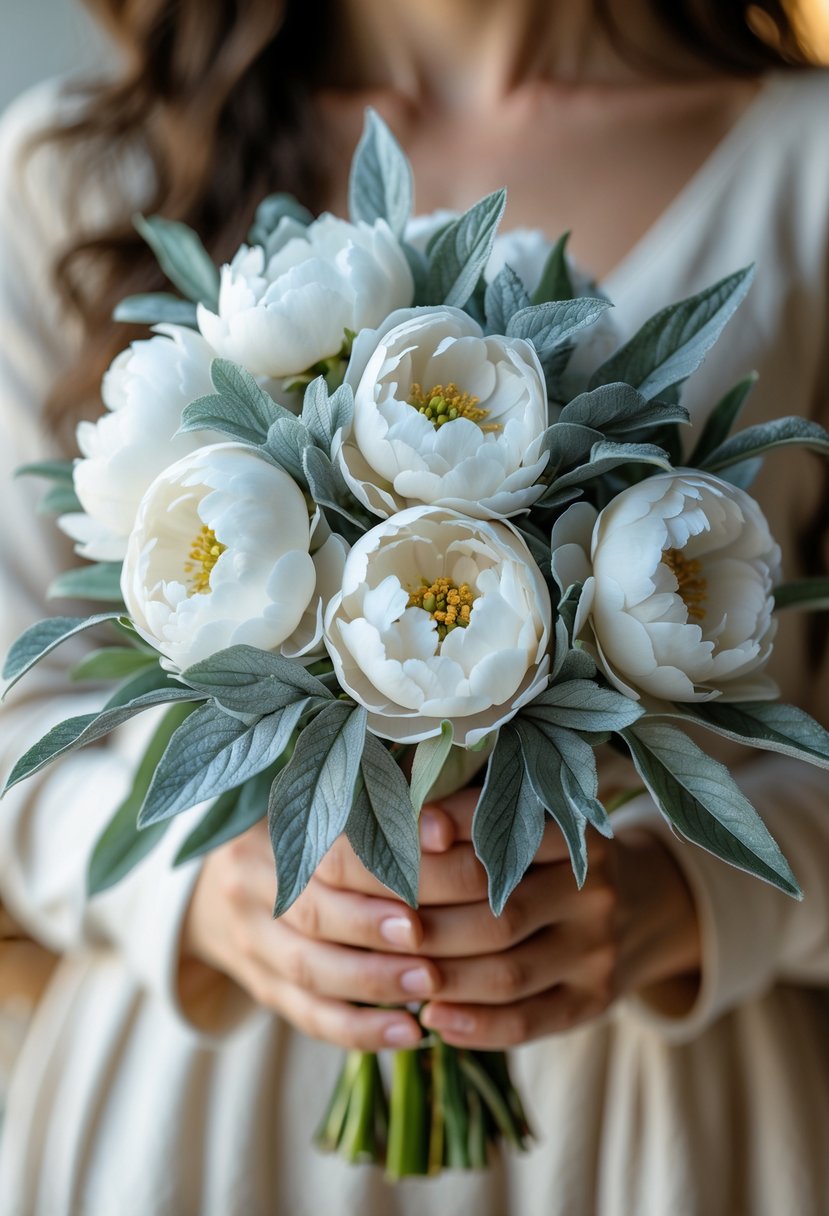 A small white peony and dusty miller wedding bouquet held gently in hands.