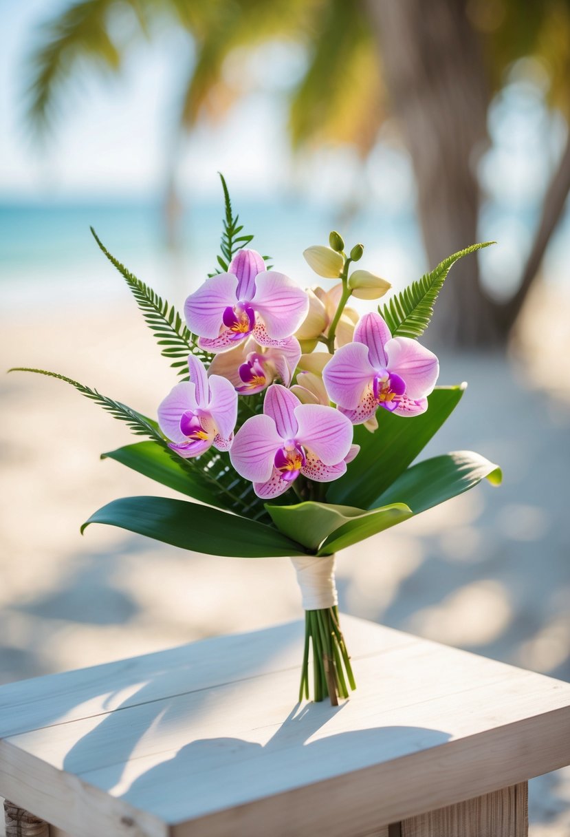 A small bouquet of tropical orchids and green leaves resting on a light wooden surface with a blurred beach background.