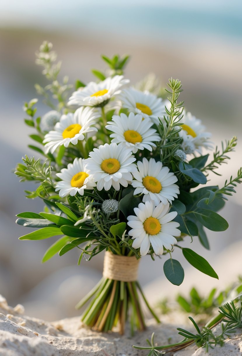 A small bouquet of white mini daisies and green leaves arranged together.
