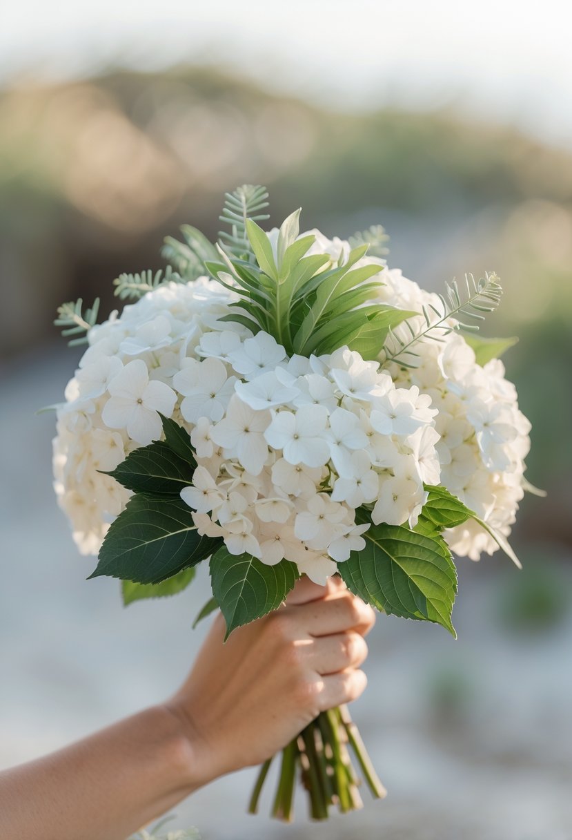 A small bouquet of white hydrangeas and green leaves held against a softly blurred coastal background.