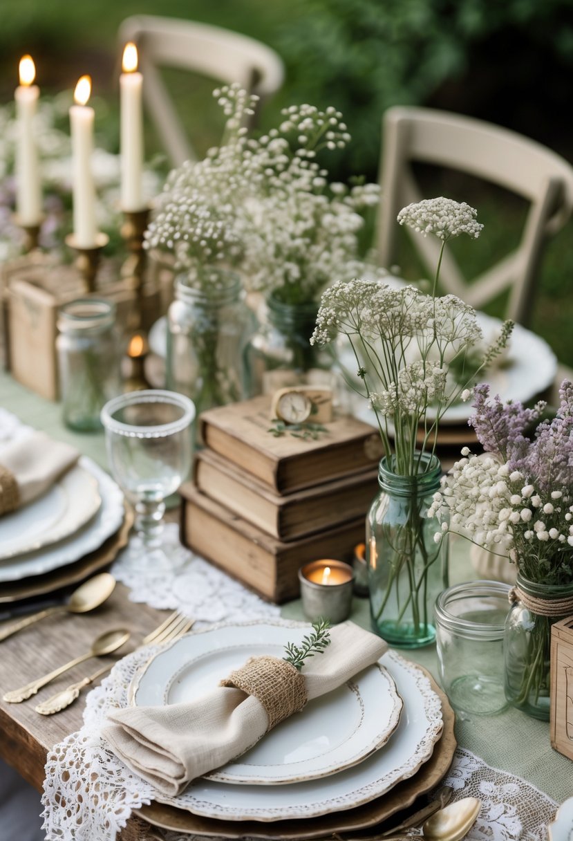 A wedding table decorated with flowers, candles, vintage plates, and rustic elements arranged neatly.