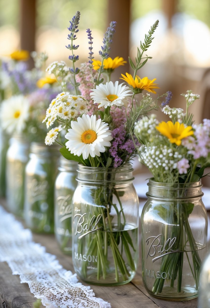 Several mason jars filled with colorful wildflowers arranged as a centerpiece on a wooden table.