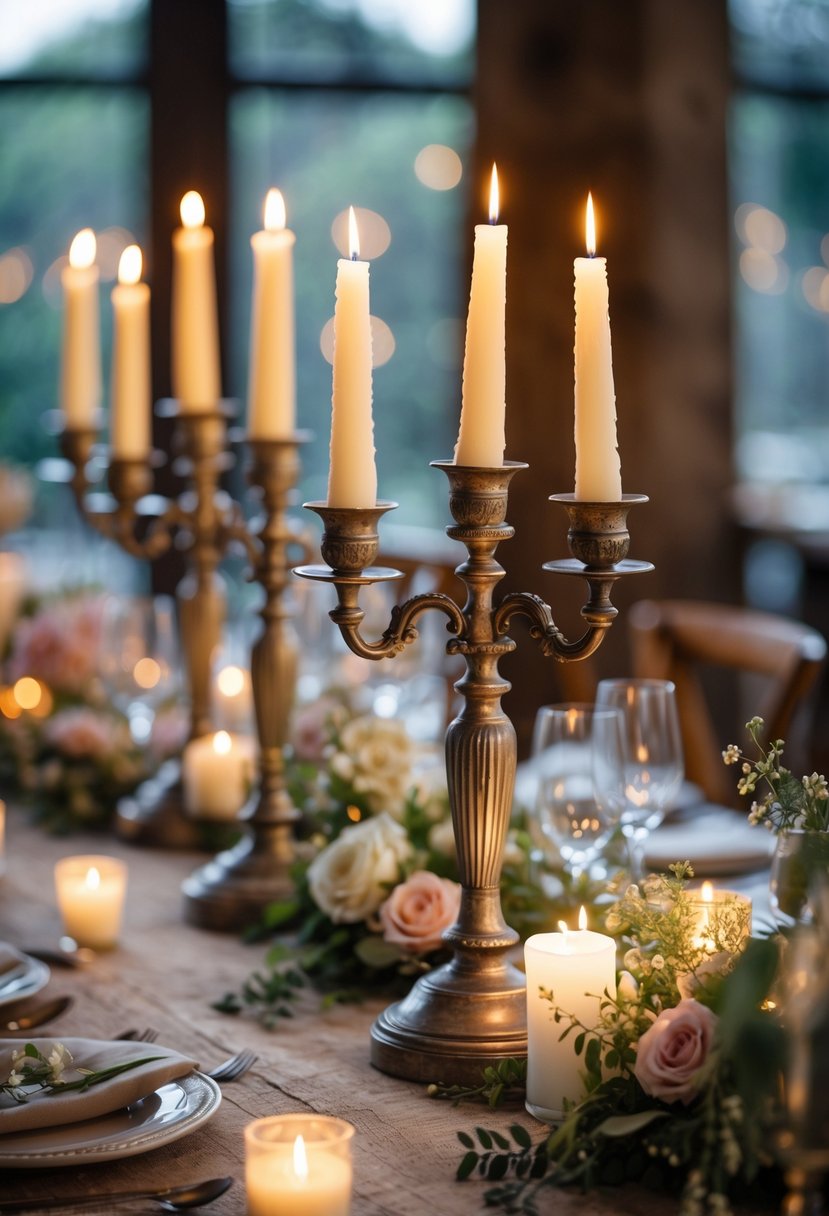 A wedding table decorated with vintage candelabras holding lit tapered candles and floral arrangements.