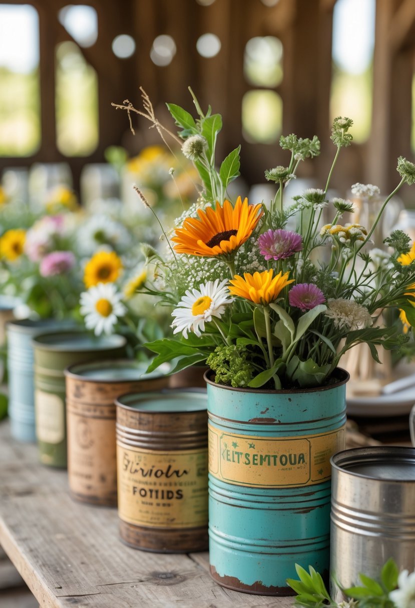 A wooden table decorated with vintage metal tins filled with colorful flowers as wedding centerpieces.