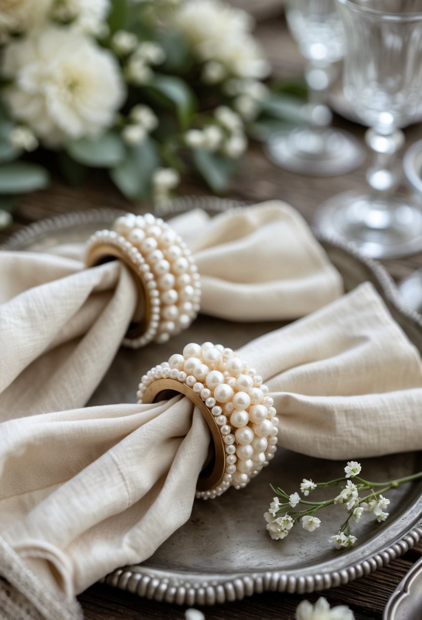 Pearl-studded napkin rings placed on folded cream-colored napkins on a rustic wooden wedding table with greenery and small white flowers.