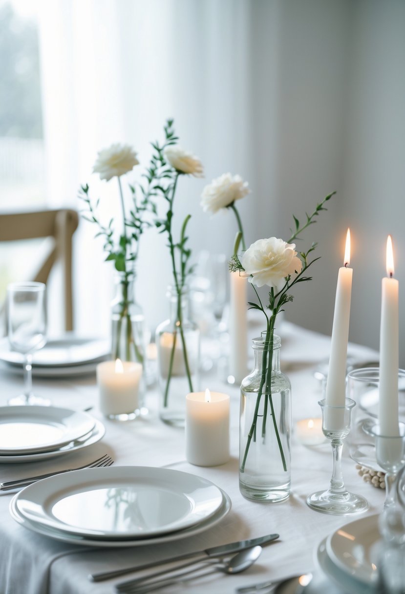 A wedding table set with white flowers in small glass vases, white candles, and simple tableware on a white tablecloth.