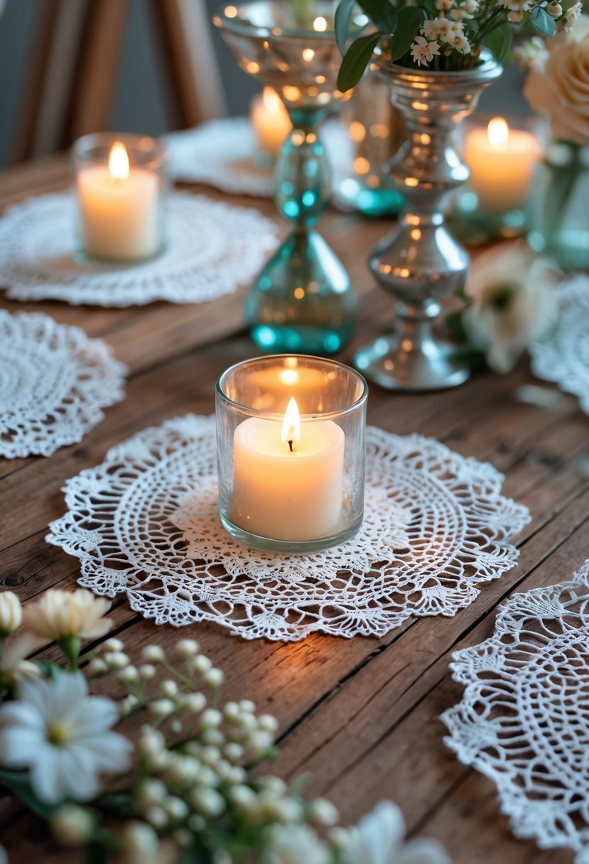 Close-up of lace doilies under glass candle holders and small flower vases on a wooden table.