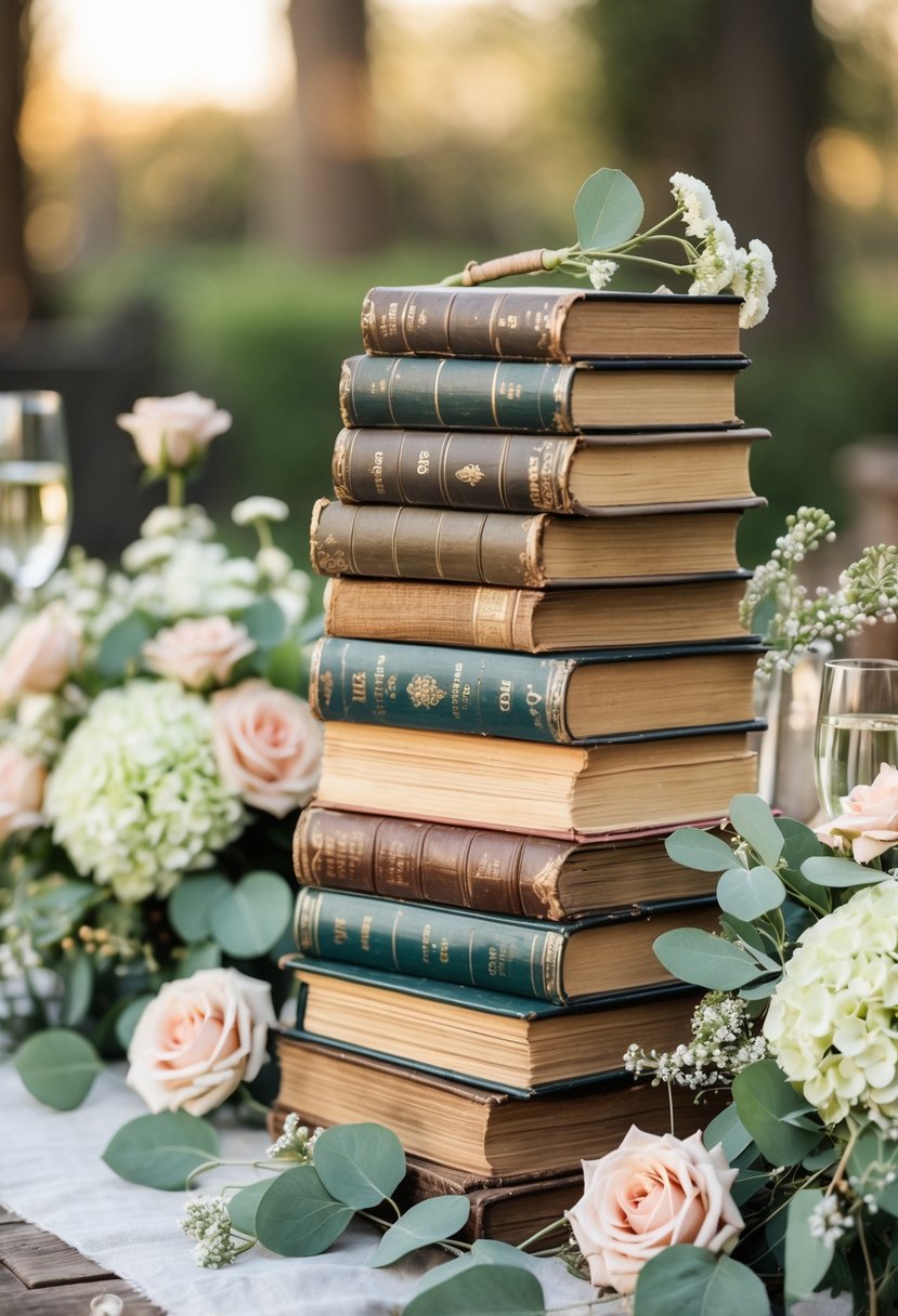 Stacks of old books arranged on a wooden table with pastel flowers as wedding decorations.