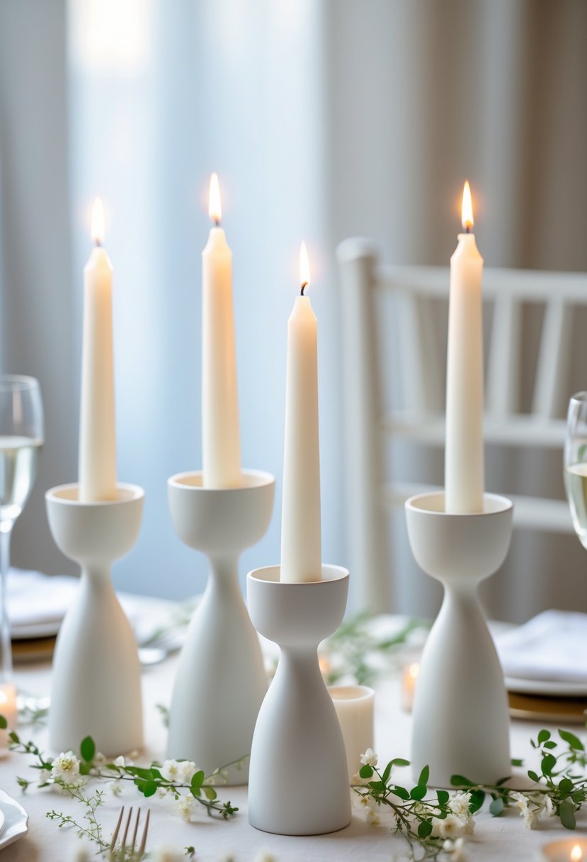 Matte white ceramic candle holders with lit candles on a wedding table decorated with greenery and small white flowers.
