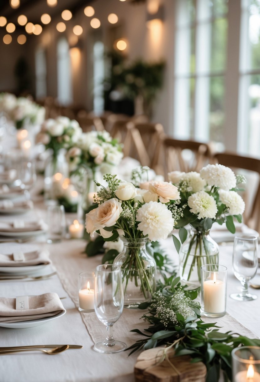 A wedding table set with simple floral centerpieces, candles, wooden accents, and neatly arranged place settings in a softly lit room.