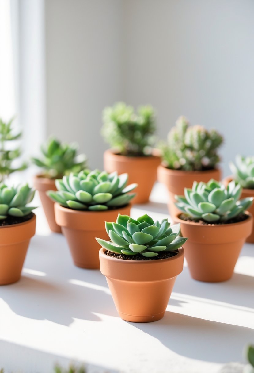 Small green succulents in terra cotta pots arranged on a light-colored table as wedding decorations.
