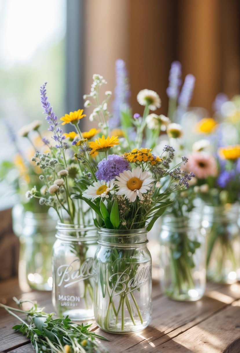 Mason jars filled with colorful wildflowers arranged on a wooden table as wedding decorations.