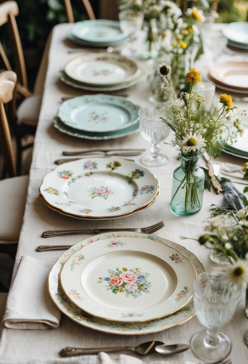 A wedding table set with mismatched vintage china plates, wildflower bouquets, glassware, and rustic cutlery.