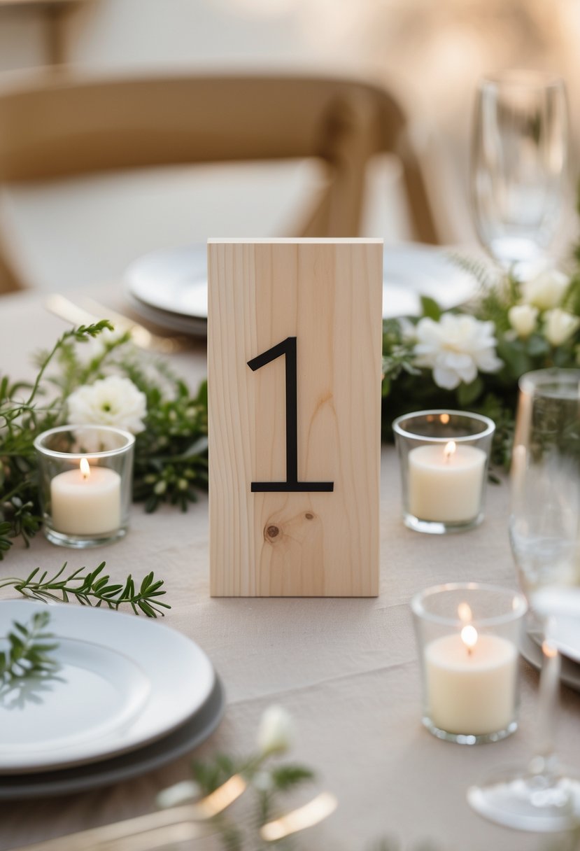 Wooden table numbers displayed on a wooden table with small greenery, white flowers, and candles around them.