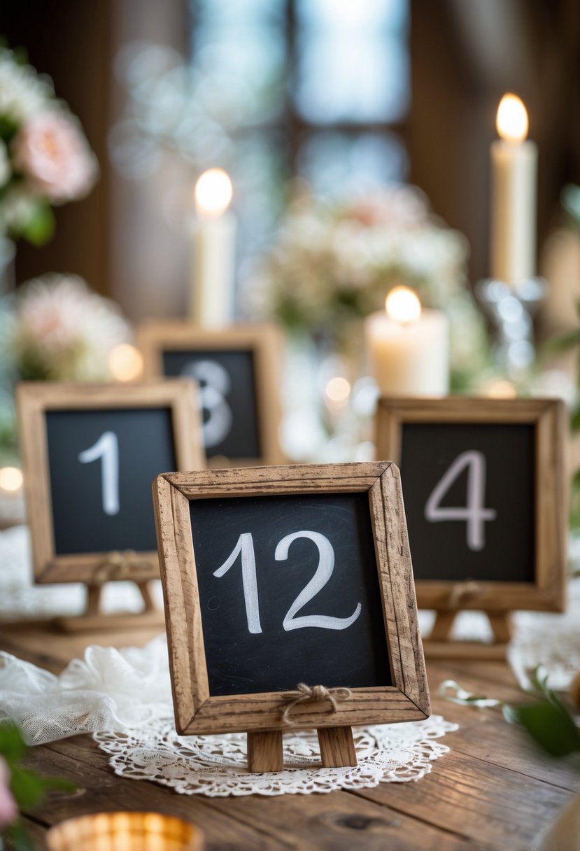 Mini chalkboard table numbers in wooden frames arranged on a wooden table with wedding decorations in the background.