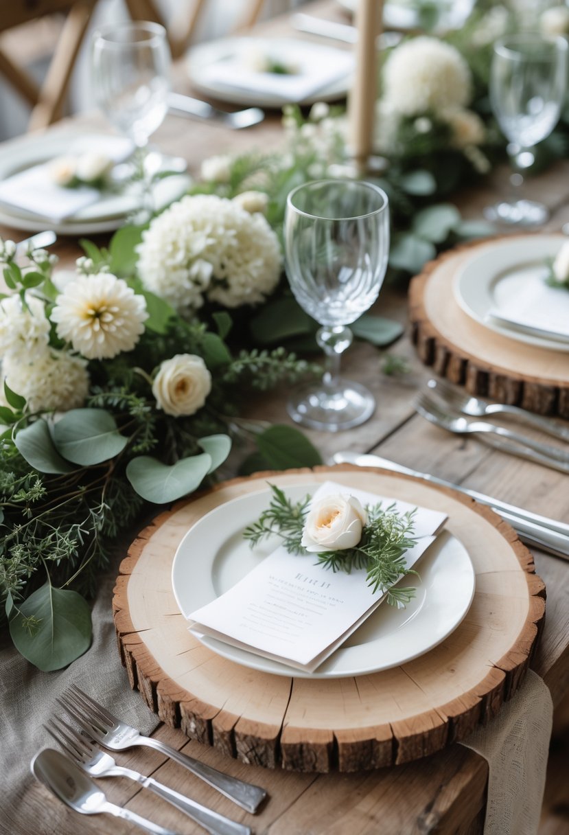 A wedding table set with wooden slice chargers, white plates, greenery, flowers, glassware, and silverware on a rustic wooden table.